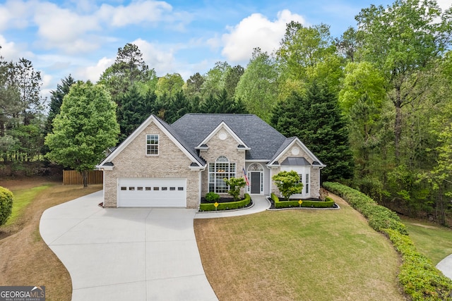 view of front of house featuring fence, a front lawn, brick siding, a shingled roof, and concrete driveway