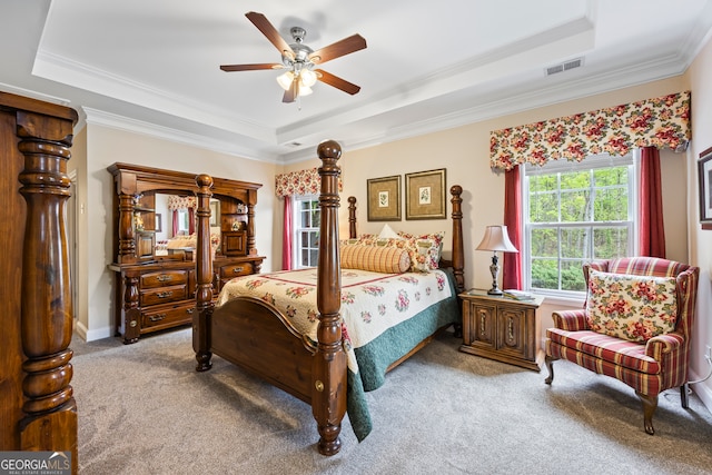 bedroom featuring visible vents, a tray ceiling, and carpet floors