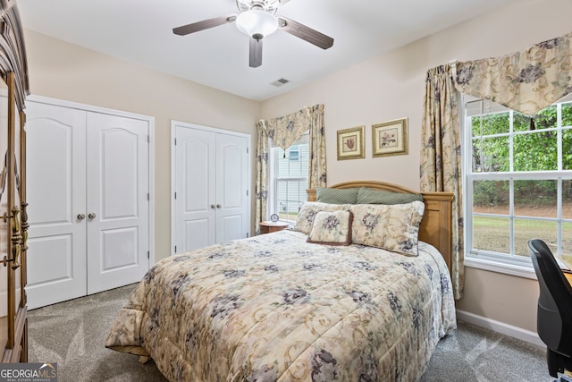 bedroom with two closets, visible vents, multiple windows, and carpet