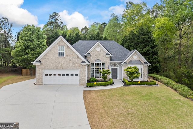 traditional-style home featuring an attached garage, driveway, a front yard, and brick siding