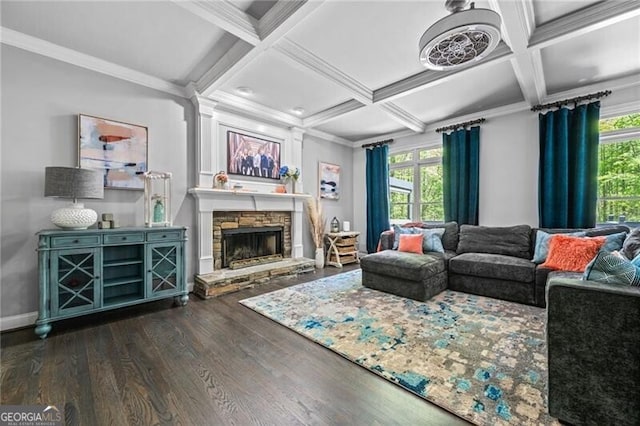 1326 Benbrooke Ln NW, Acworth, GA 30101 - living room featuring coffered ceiling, wood finished floors, and a healthy amount of sunlight