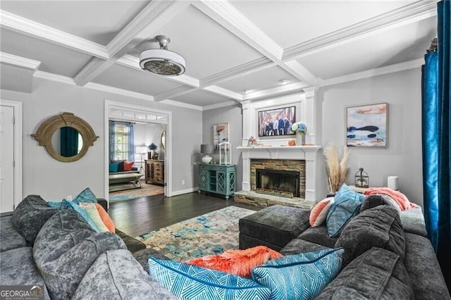1326 Benbrooke Ln NW, Acworth, GA 30101 - living room featuring coffered ceiling, wood finished floors, a fireplace, and beam ceiling