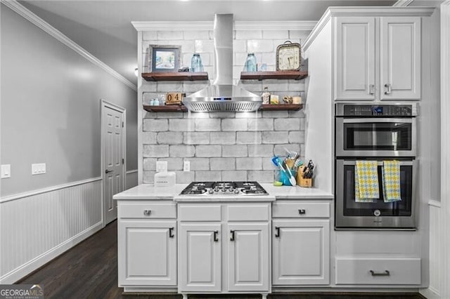 1326 Benbrooke Ln NW, Acworth, GA 30101 - kitchen featuring tasteful backsplash, open shelves, stainless steel appliances, dark wood-type flooring, and extractor fan