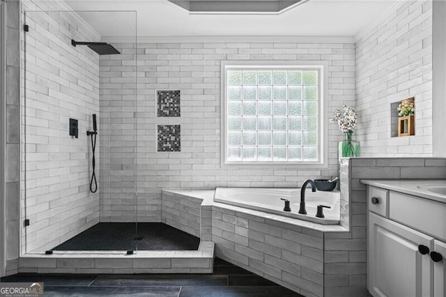 1326 Benbrooke Ln NW, Acworth, GA 30101 - bathroom with a tile shower, crown molding, vanity, and a bath