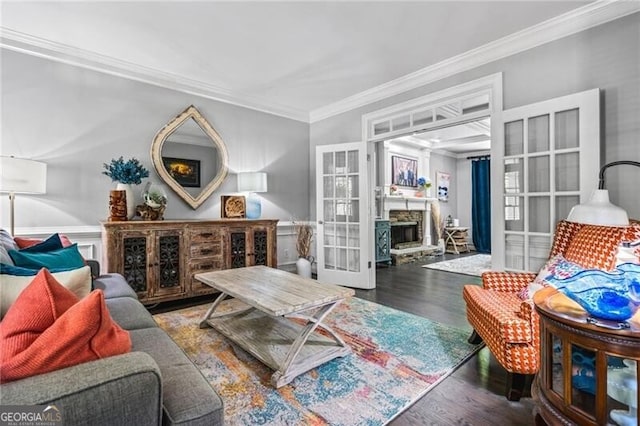 1326 Benbrooke Ln NW, Acworth, GA 30101 - living room with french doors, ornamental molding, a stone fireplace, and wood finished floors