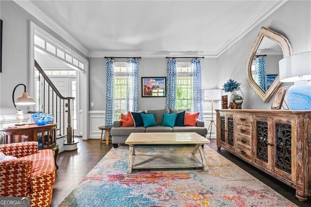 1326 Benbrooke Ln NW, Acworth, GA 30101 - interior space featuring a decorative wall, ornamental molding, wainscoting, wood finished floors, and stairs