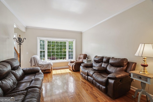 living area featuring ornamental molding and wood finished floors
