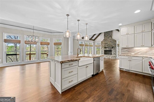 411 River Bluff Ln, Ball Ground, GA 30107 - kitchen featuring tasteful backsplash, a sink, open floor plan, appliances with stainless steel finishes, and a fireplace