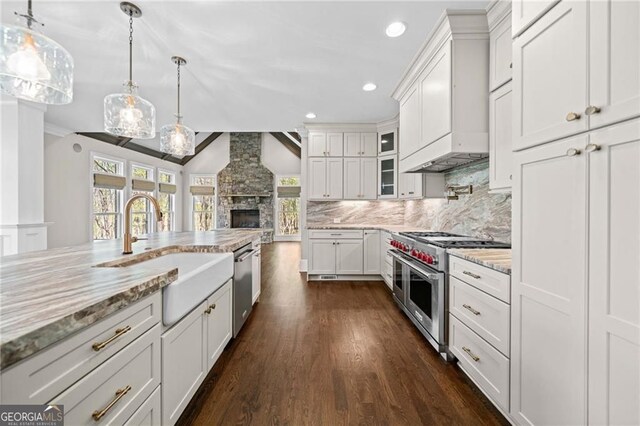 411 River Bluff Ln, Ball Ground, GA 30107 - kitchen with custom exhaust hood, tasteful backsplash, a sink, appliances with stainless steel finishes, and dark wood-style floors