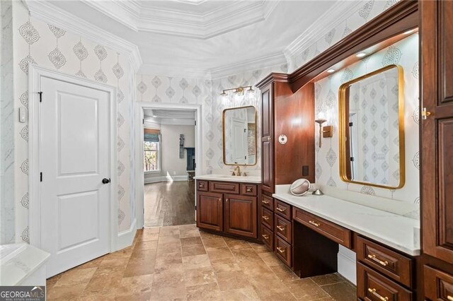 411 River Bluff Ln, Ball Ground, GA 30107 - full bath with vanity, a tray ceiling, and crown molding