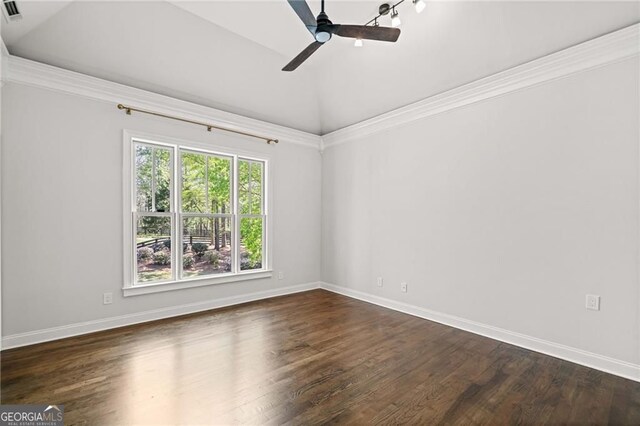 411 River Bluff Ln, Ball Ground, GA 30107 - spare room with visible vents, baseboards, a ceiling fan, and dark wood-style floors
