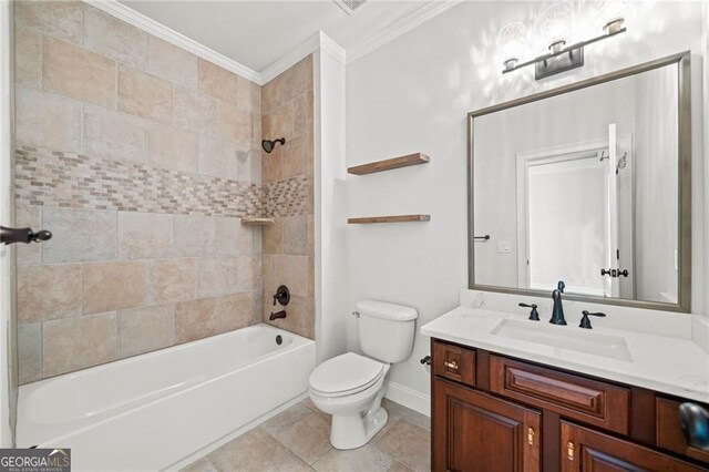 411 River Bluff Ln, Ball Ground, GA 30107 - bathroom with washtub / shower combination, vanity, baseboards, ornamental molding, and toilet