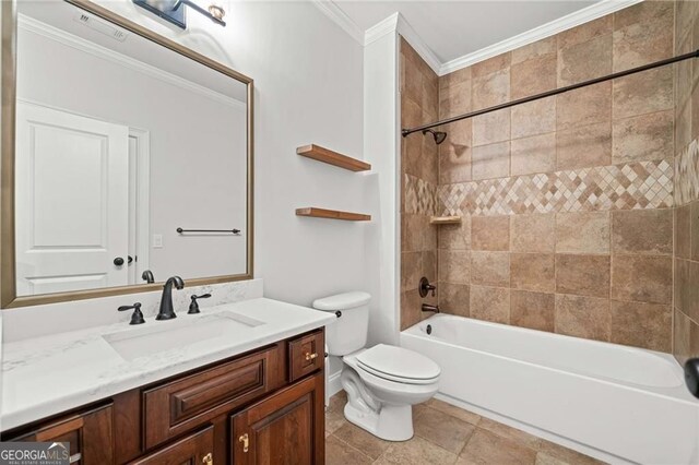 411 River Bluff Ln, Ball Ground, GA 30107 - bathroom with baseboards, toilet, crown molding, shower / bath combination, and vanity