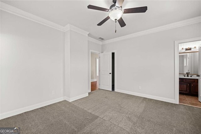 411 River Bluff Ln, Ball Ground, GA 30107 - unfurnished bedroom with baseboards, carpet flooring, a sink, and ornamental molding