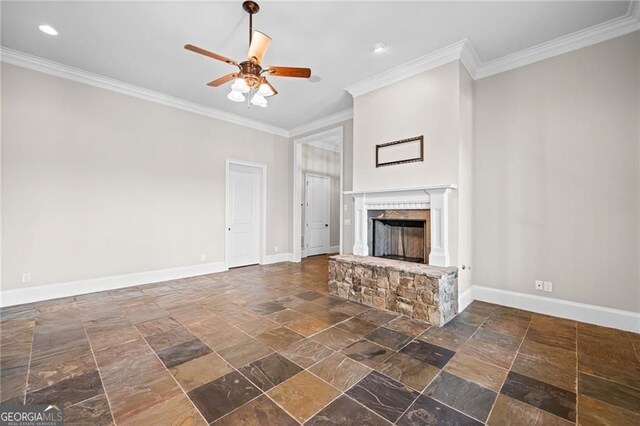 411 River Bluff Ln, Ball Ground, GA 30107 - unfurnished living room featuring ceiling fan, stone tile floors, and baseboards