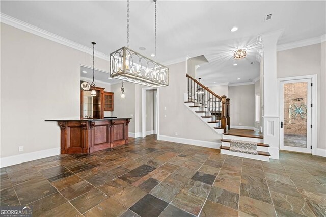 411 River Bluff Ln, Ball Ground, GA 30107 - interior space featuring stone tile floors, baseboards, and crown molding