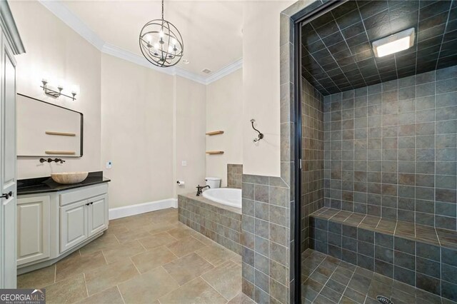 411 River Bluff Ln, Ball Ground, GA 30107 - full bath featuring a notable chandelier, ornamental molding, vanity, tiled shower, and a garden tub