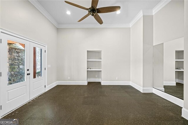 411 River Bluff Ln, Ball Ground, GA 30107 - entrance foyer with french doors, ceiling fan, baseboards, and ornamental molding