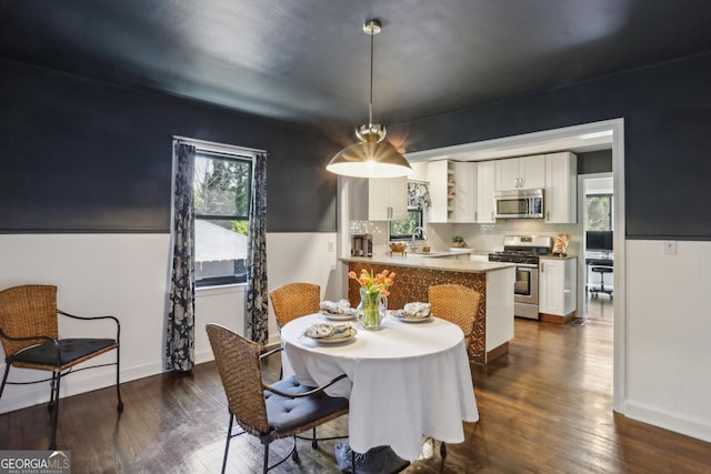 dining space featuring healthy amount of natural light and dark wood finished floors
