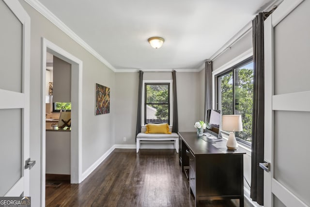 office space with crown molding, dark wood-type flooring, and baseboards