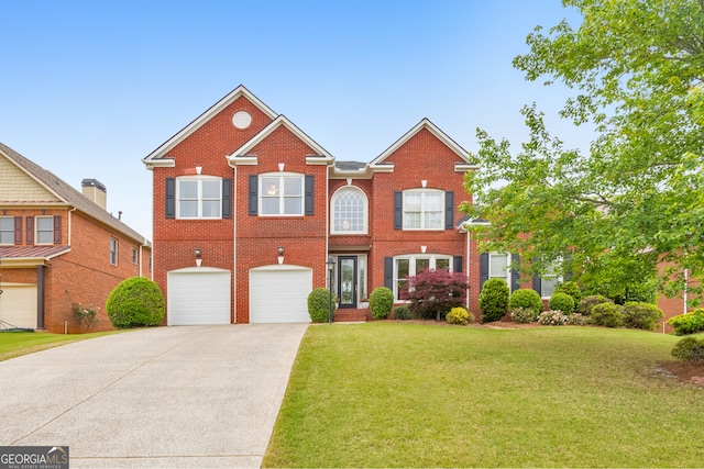 view of front of property featuring an attached garage, brick siding, driveway, and a front yard