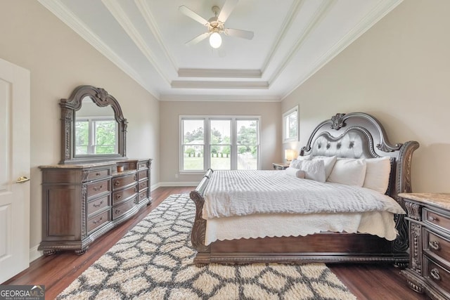 bedroom featuring dark wood finished floors, multiple windows, and a raised ceiling