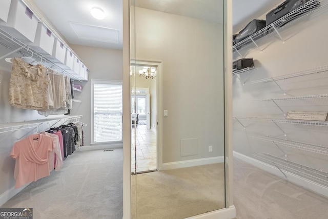 spacious closet featuring carpet flooring and attic access
