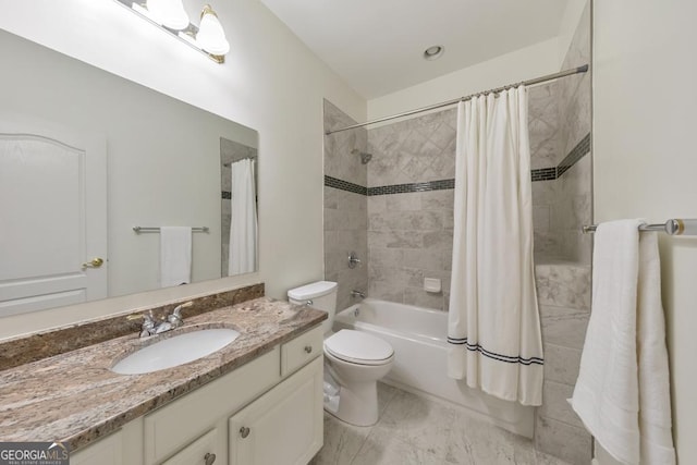 bathroom with toilet, shower / bath combination with curtain, and vanity