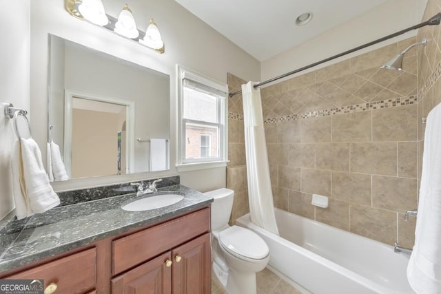 bathroom featuring vanity, toilet, and shower / bathtub combination with curtain