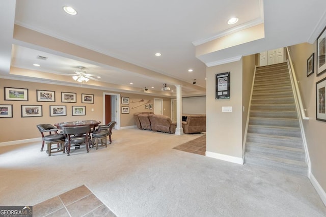 dining room with crown molding, recessed lighting, carpet, and baseboards