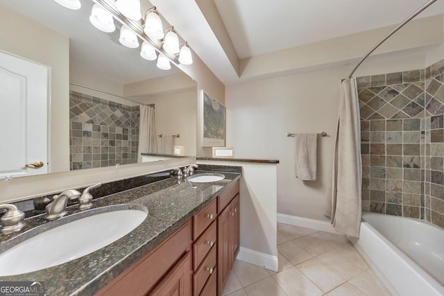 bathroom with tile patterned flooring, a sink, baseboards, and shower / bathtub combination with curtain