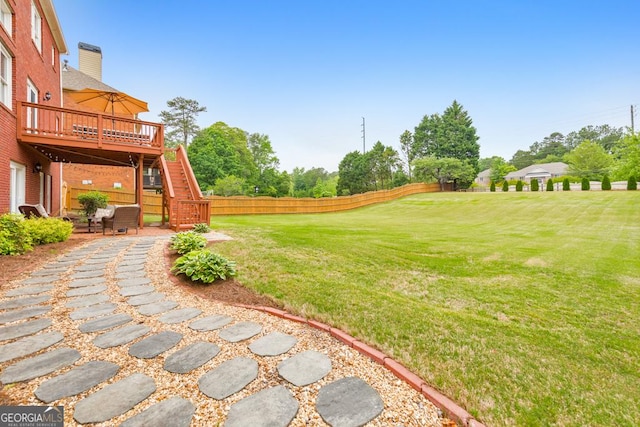 view of yard featuring stairway, a wooden deck, a fenced backyard, and a patio area