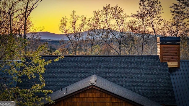 exterior details featuring a mountain view and a shingled roof