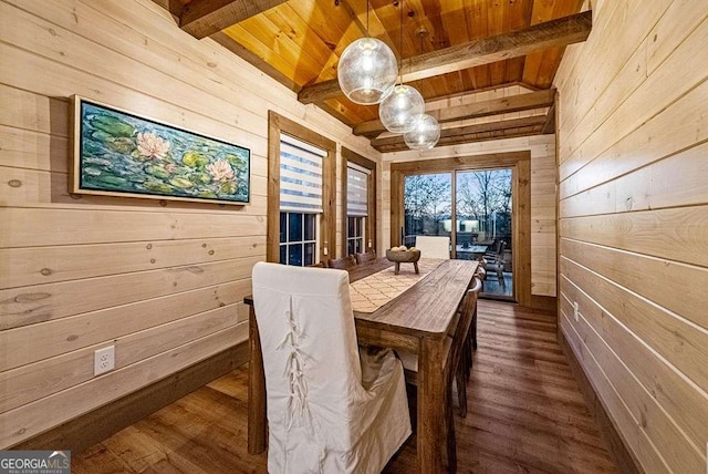 dining area featuring dark wood-type flooring, wooden walls, wood ceiling, and beam ceiling