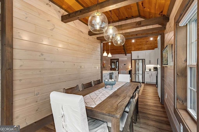 dining room with wood ceiling, wooden walls, vaulted ceiling with beams, and dark wood-style flooring