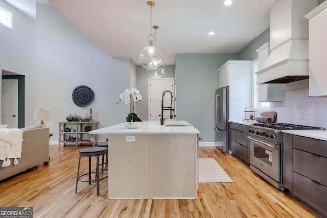 290 Hodgson Dr, Athens, GA 30606 - kitchen featuring light wood-style flooring, premium range hood, backsplash, premium appliances, and a sink