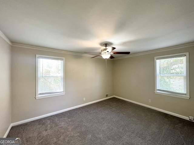 2361 Whites Mill Rd, Decatur, GA 30032 - empty room featuring dark colored carpet, a ceiling fan, crown molding, and a healthy amount of sunlight