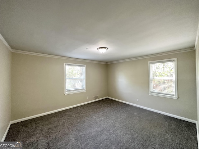 2361 Whites Mill Rd, Decatur, GA 30032 - empty room featuring dark carpet, baseboards, ornamental molding, and visible vents