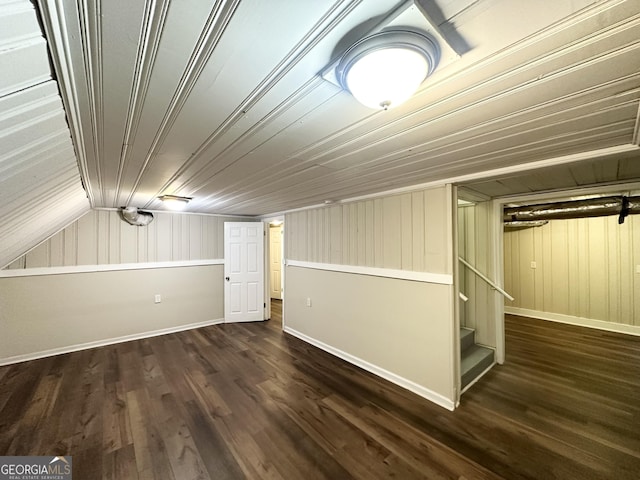 2361 Whites Mill Rd, Decatur, GA 30032 - finished below grade area with stairs, wooden walls, dark wood-style flooring, and wood ceiling