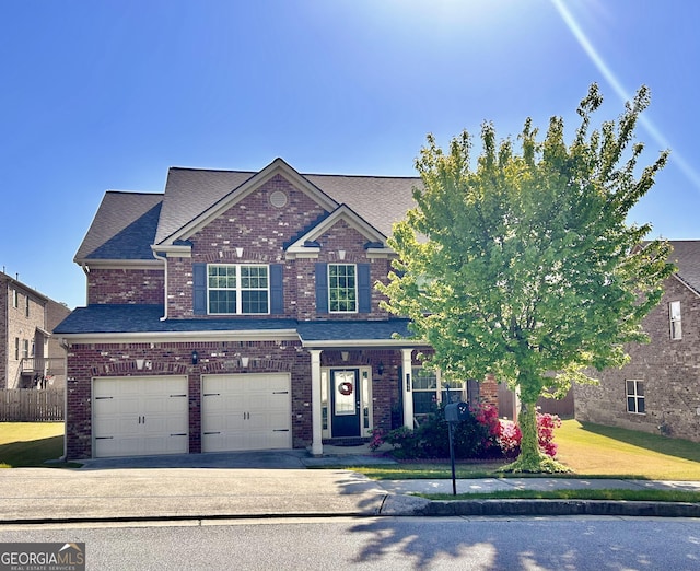 view of front of house with a shingled roof, a garage, brick siding, a front lawn, and driveway