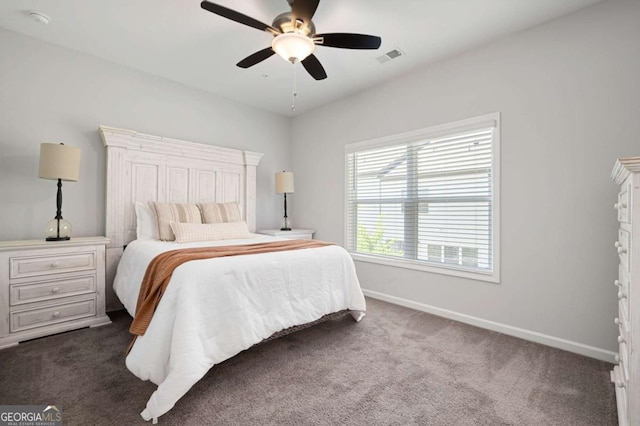 bedroom with visible vents, baseboards, dark colored carpet, and ceiling fan
