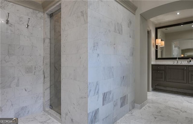 2979 Ridgewood Rd NW, Atlanta, GA 30327 - full bath with tiled shower, marble finish floors, and vanity