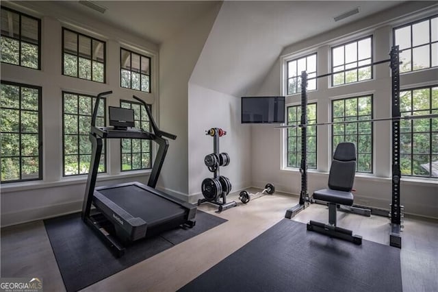 2979 Ridgewood Rd NW, Atlanta, GA 30327 - exercise area with healthy amount of natural light, baseboards, and high vaulted ceiling