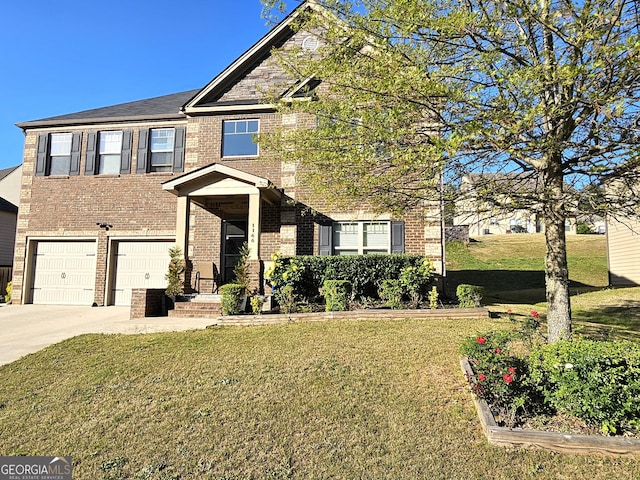 view of front of house with brick siding, a front lawn, a garage, and concrete driveway