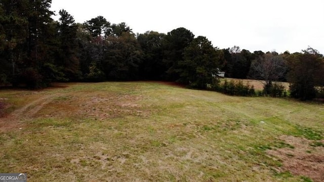 view of yard featuring a forest view