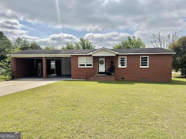 single story home with a carport, crawl space, concrete driveway, brick siding, and a front lawn