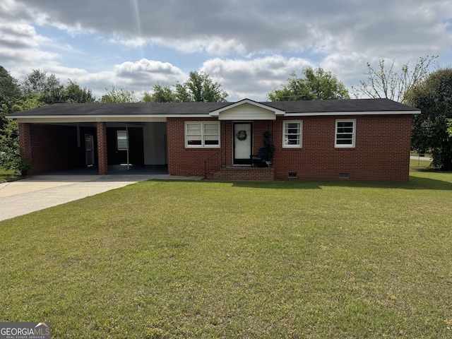 single story home featuring crawl space, a front lawn, an attached carport, and driveway