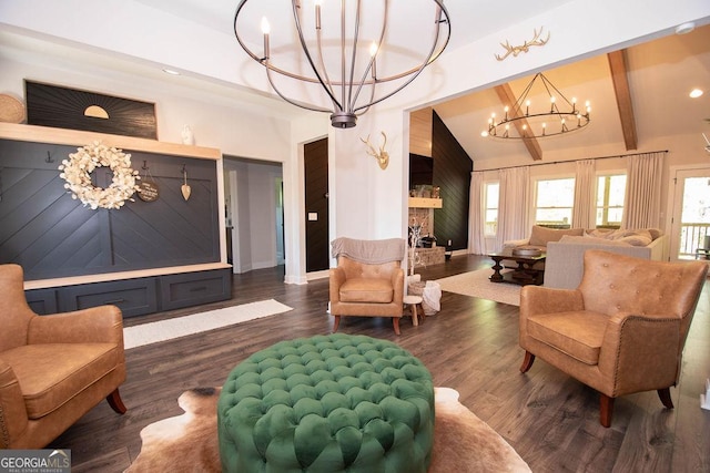 sitting room with dark wood-style flooring, vaulted ceiling with beams, a chandelier, and a healthy amount of sunlight