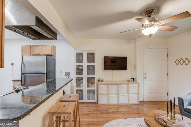 living room with a ceiling fan and light wood finished floors