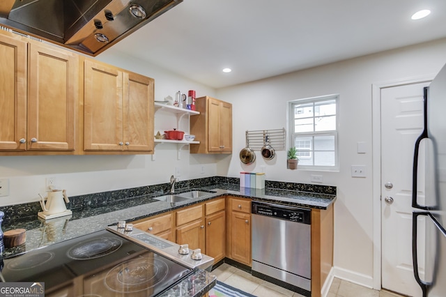 kitchen featuring range, open shelves, dishwasher, a sink, and light tile patterned floors